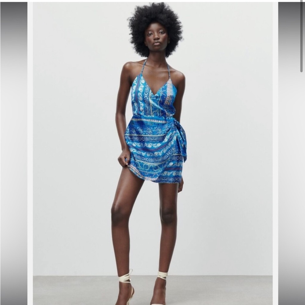 ZARA Blue Patterned Halter Scarf Dress